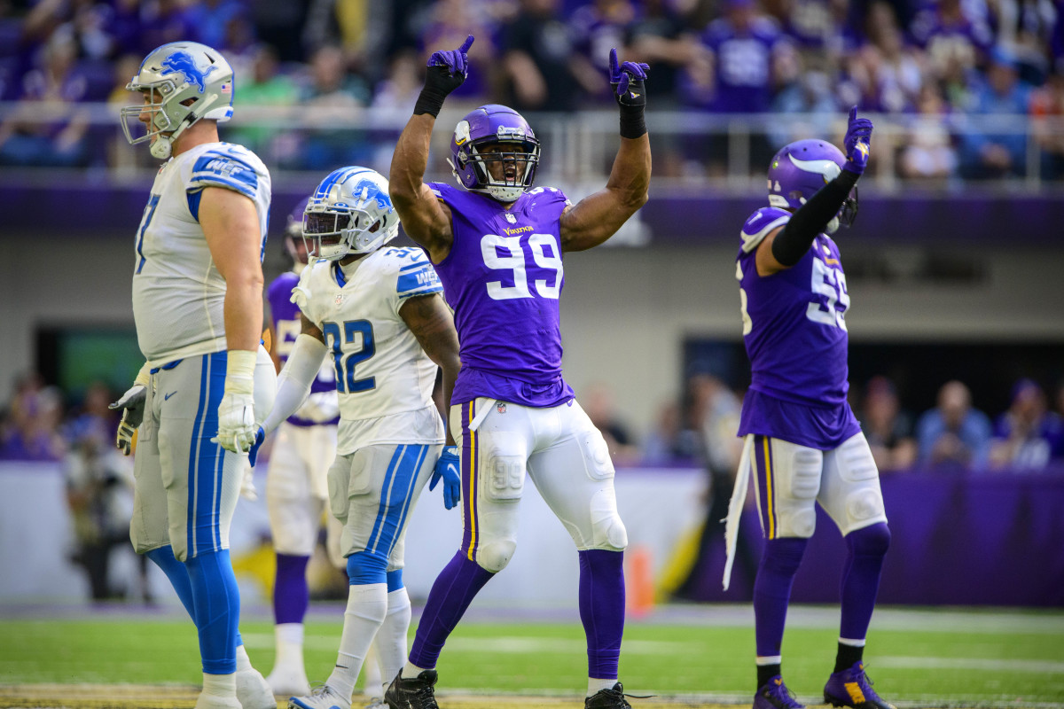 Oct 10, 2021; Minneapolis, Minnesota, USA; Minnesota Vikings defensive end Danielle Hunter (99) celebrates a sack of Detroit Lions quarterback Jared Goff (not pictured) during the fourth quarter at U.S. Bank Stadium. Mandatory Credit: Jerome Miron-USA TODAY Sports
